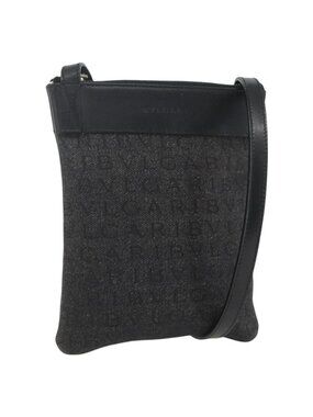 Authentic BVLGARI Logo Mania Shoulder Bag Canvas Leather Black Silver